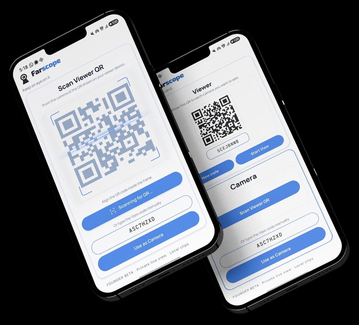 Two phones showing the Farscope QR pairing screens — one scanning, one displaying the viewer QR code