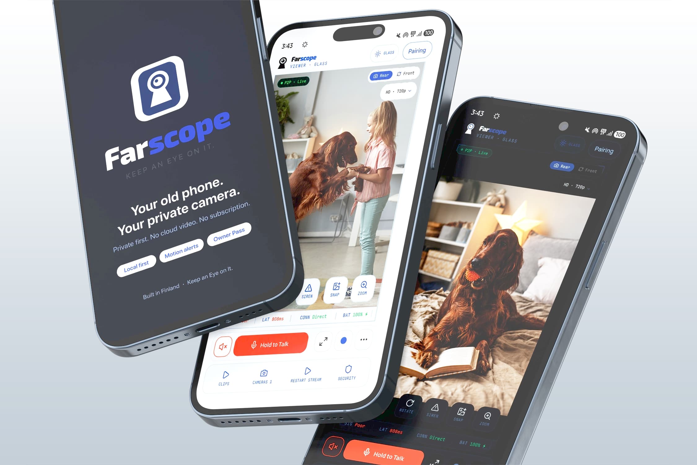 Farscope running on three phones as a no-subscription home camera