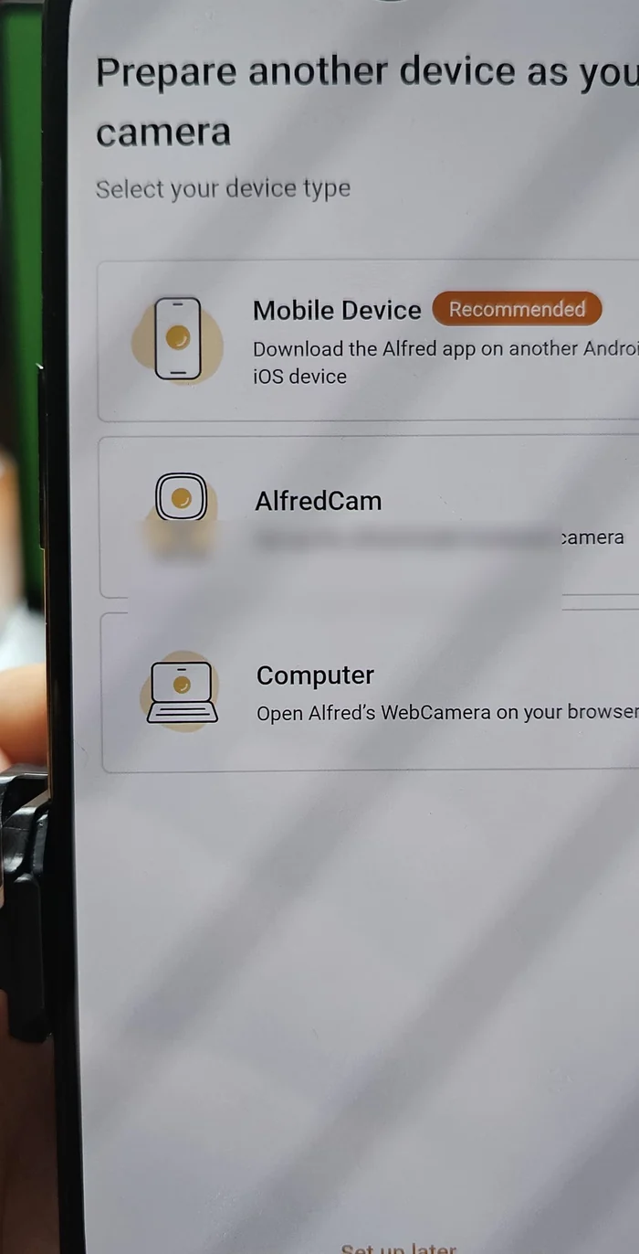Alfred Camera account screen noting Google will share name, email and profile picture