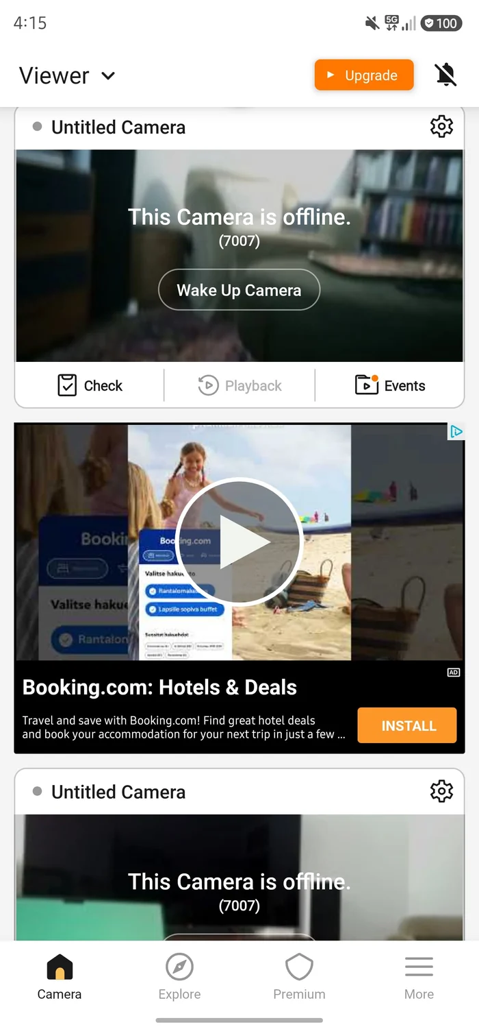 Alfred Camera free tier showing an ad taking over the screen below the camera feed