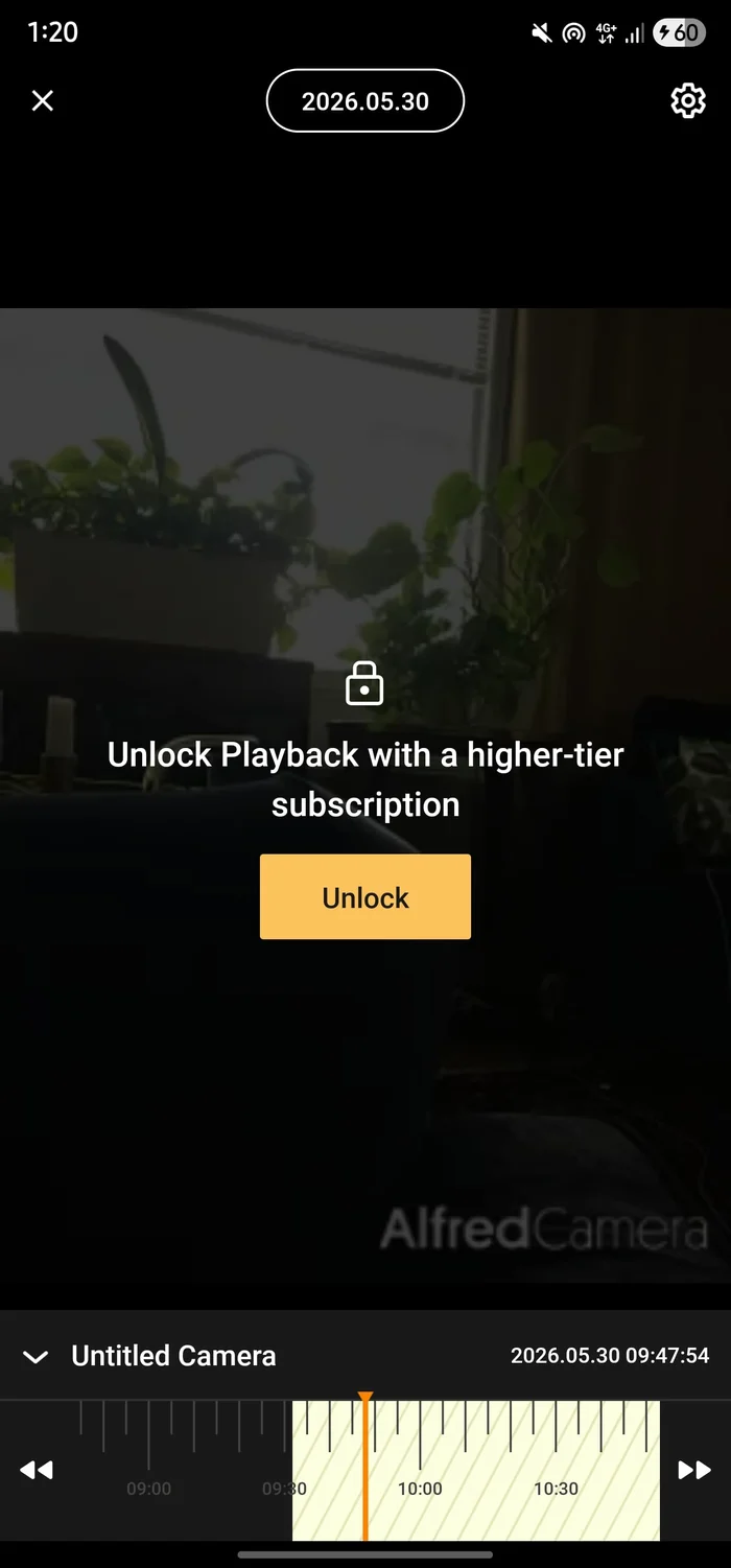 Alfred Camera showing Unlock Playback with a higher-tier subscription